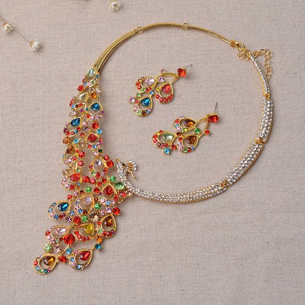 

luxury gold rhinestone peacock bridal jewelry sets silver plated crystal statement necklace earrings sets wedding jewelry set mx200810, Slivery;golden