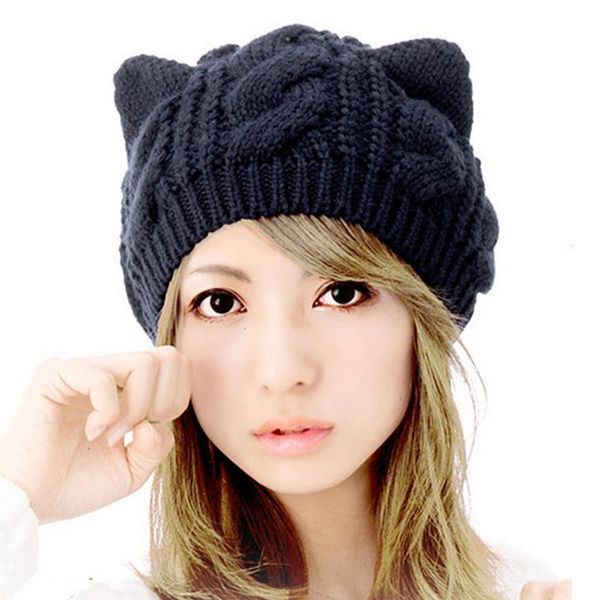 

clearance sale lovely cat ears beanie winter hats for women cap casual solid color skullies & beanies bonnet, Blue;gray