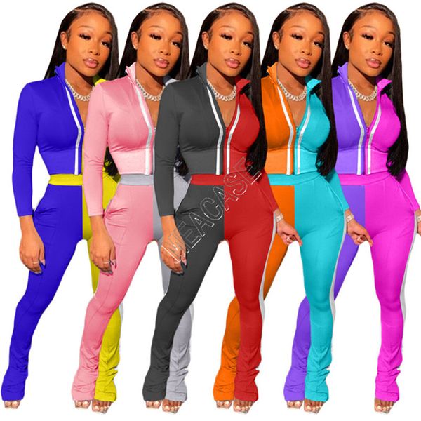 

women designers constrast color bodysuit patchwork zipper jackets crop coat reflective stripe pants tracksuit two pieces outfits d9107, White