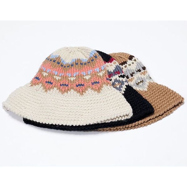 

womens girls winter crochet knit wide brim bucket cap ethnic vintage wavy stripes jacquard foldable floppy warm fisherman hat, Blue;gray