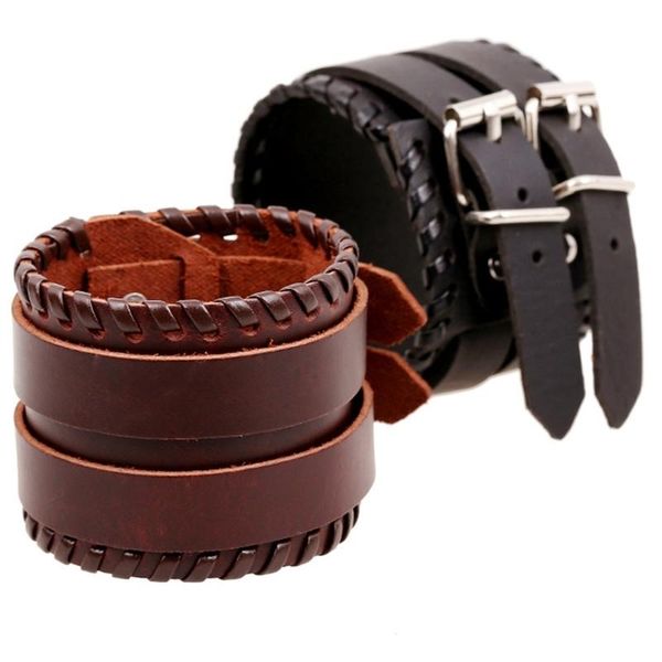 

2020 european american retro punk leather bracelet new men's wide strand wrap charm bracelets fashion jewelry accessories gift, Golden;silver