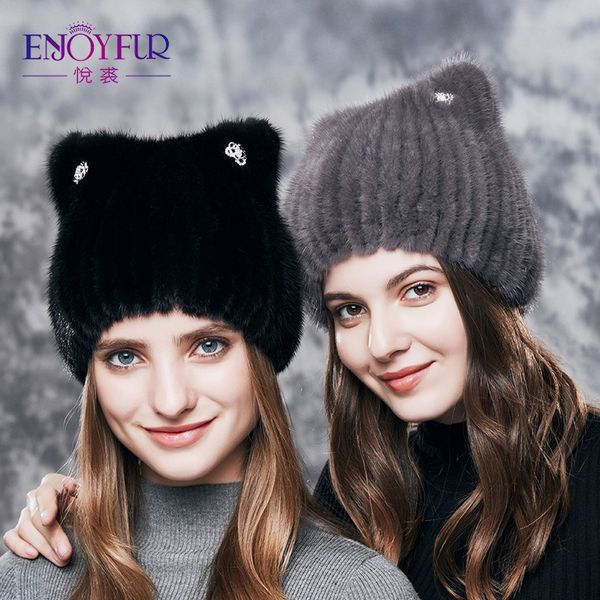 

new style mink hat female winter fur hat rhinestone rose cat ear warm ear protection cute korean, Blue;gray