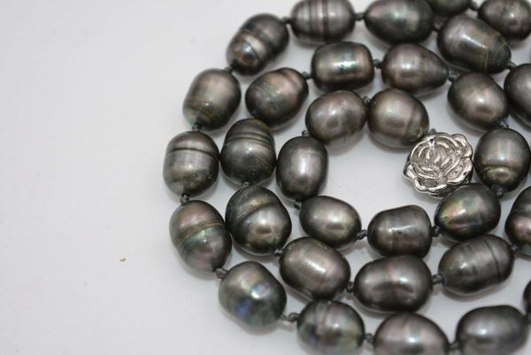 

новый природный 9-10мм tahitian rice черный серый жемчужное ожерелье 18, Silver