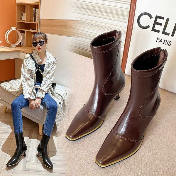 

elegant party wedding boots square toe ladies dress shoes woman genuine leather high heels ankle boots for women size 41 42 43, Black