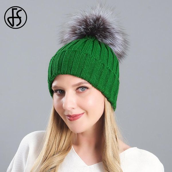 Beanie/Totenkopfkappen FS Winter Warme Strickmützen für Frauen mit echtem Waschbärfell Pompom Grün Weiß Slouchy Cap Skullies Beanies Gorros Mujer