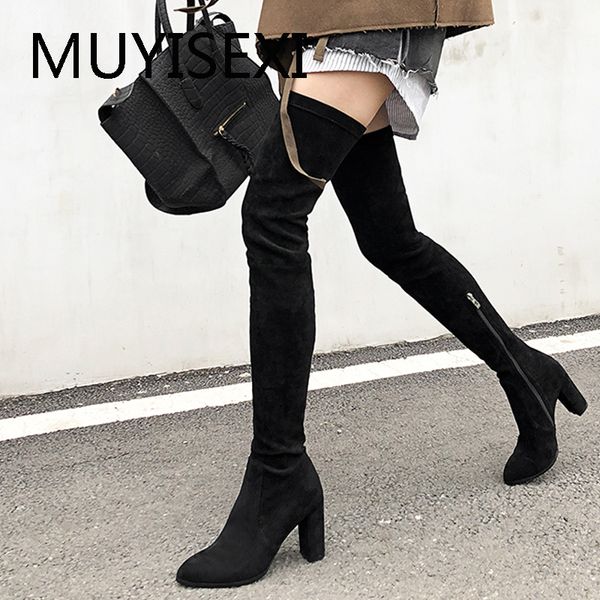 

over the knee boots elastic flock black thigh high boots women round toe 8cm high heels women long plus size jd10 muyisexi