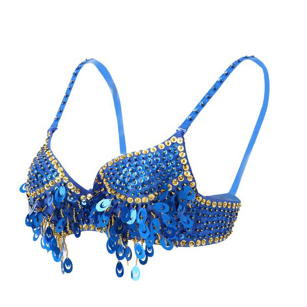 

women's belly dance beaded bra sequins dancing singer costume tassels, Blue