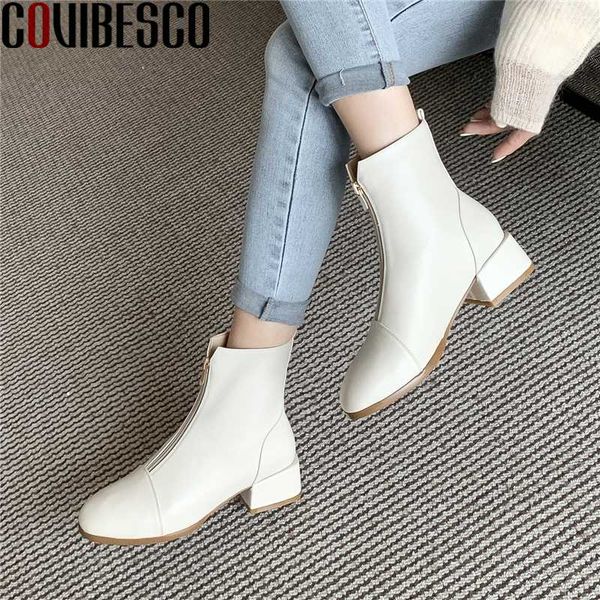 

boots covibesco autumn winter concise women front zipper ankle shoes woman fashion casual office lady thick heels, Black
