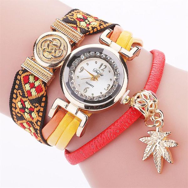 

15 pcs creative ethnic style hand-knitted circle bracelet watch fashion alloy leaf pendant casual female watch, Black