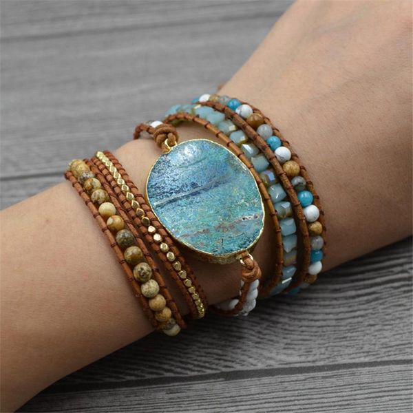 

tennis bohemia natural marine stone charm 5 strands wrap bracelet hand beaded leather for men or women jewelry gift wholesale, Golden;silver