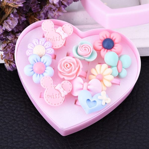 

wholesale 12pcs mix lot cartoon flower assorted resin plastic pink baby kids girl children's rings with heart box gift jewelry, Golden;silver