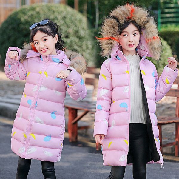

winter girls fashion cotton coat children's thicken big fur collar long zipper hooded cotton clothing print jackets, Blue;gray