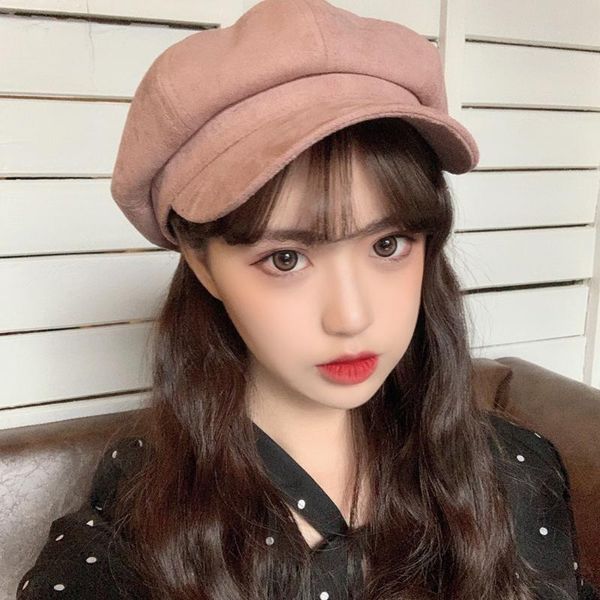 

beret female autumn and winter wild british retro octagonal hat cute newsboy hat tide, Blue;gray