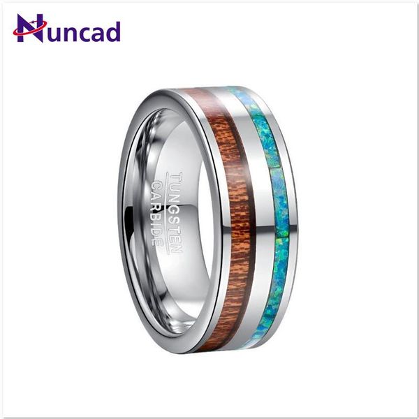 

nuncad 8mm width steel color inlaid green opal acacia wood ring tungsten steel ring men's, Slivery;golden
