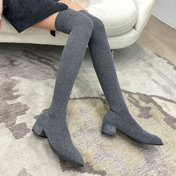 

stretch sock boots women over the knee boots 2020 new spring and autumn women's shoes round toe flat thin legs high, Black