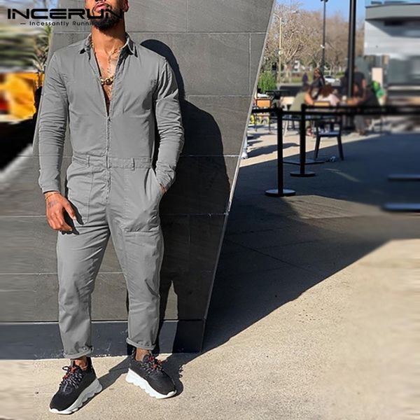 

fashion solid jumpsuits men fitness zipper joggers rompers long sleeve lapel cargo bib pants men pockets suspenders 5xl incerun7, Black