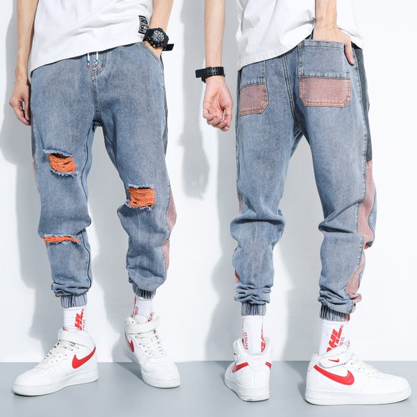 

Januarysnow Jeans Men's Elastic Hip Hop Pants Men's Loose Casual Feet Tight Waist Trend Spring Distressed Broken Hole Streetwear Denim Pants