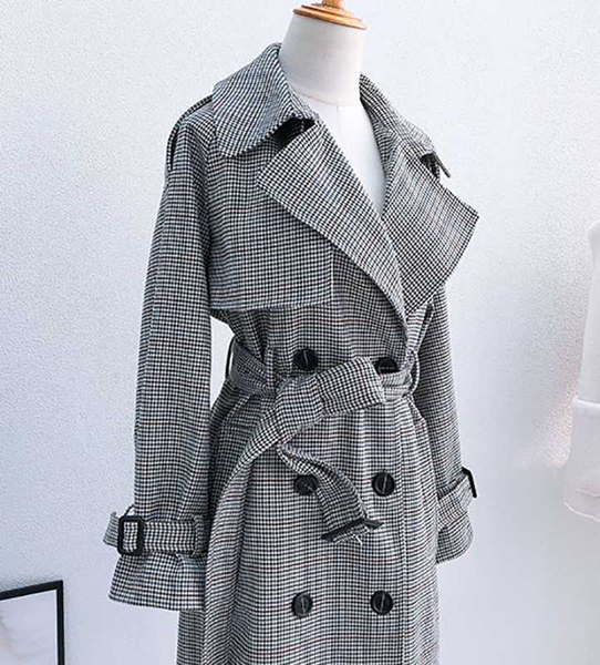 

plaid over-knee women trench coat double breasted stylish ladies trendy manteau long femme women autumn vintage long trench coat, Tan;black