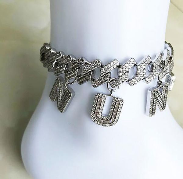 

custom name baguette letters bracelets anklet 14mm width prong cuban chain charms necklace hiphop zircon jewelry gifts for men women, Black