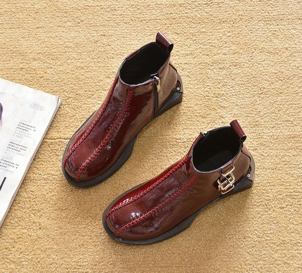 

autumn and winter flat-heel wine red ankle boots tube patent leather women boots platform round toe solid black women's