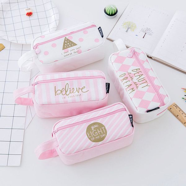 

storage bags 1pc grid canvas pink pencil case kawaii large capacity bag school supplies stationery for girls students gifts