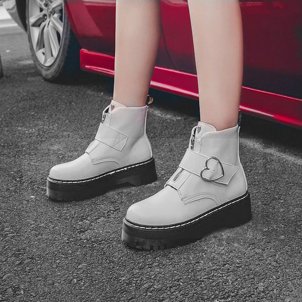 

fashion zipper buckle flat shoes woman high heel platform pu leather boots lace up women shoes ankle boots, Black