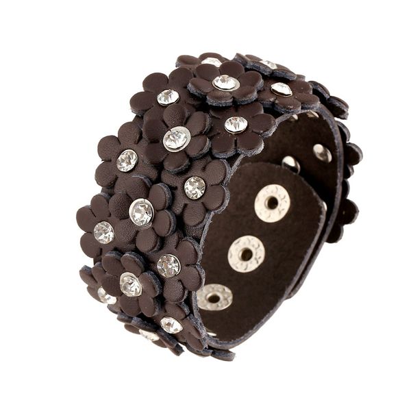 

tennis 2021 women fashion jewelry 3cm wide genuine leather flower rhinestone wrap bracelet vintage brown hand strap ladies accessories, Golden;silver