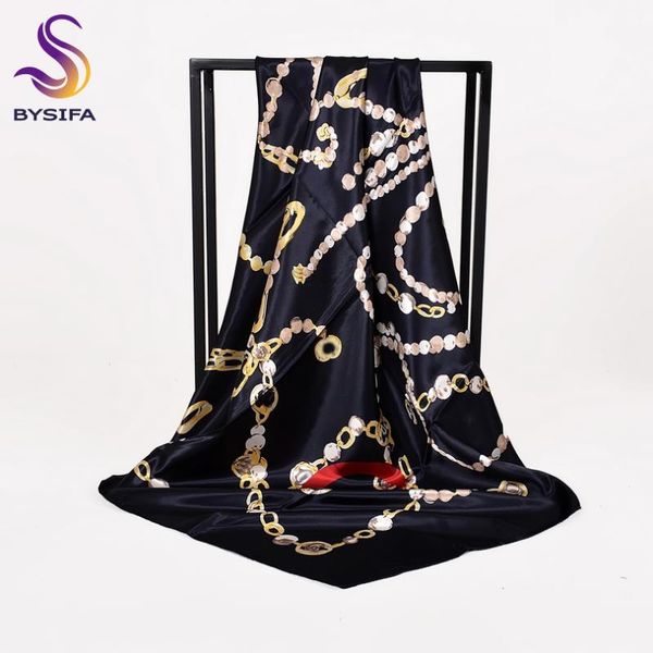 

bandanas [bysifa] ladies black silk scarf shawl fashion brand chain square scarves wraps 90*90cm spring autumn muslim head cape, Blue;gray