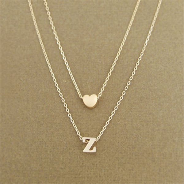 

fashion tiny dainty heart initial double laye necklace personalized initial necklace name jewelry girlfriend gift, Silver