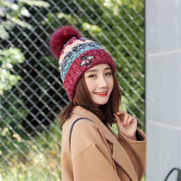 

beanie/skull caps calymel sweet skullies 2021 ladies' beanies hat comfortable winter solid woolball cap knitted cute warm wool, Blue;gray