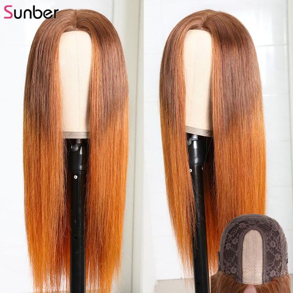 

sunber straight pu silk base wig 150% density long remy no glue omber long human hair wig 4x2 silk base peruvian, Black;brown