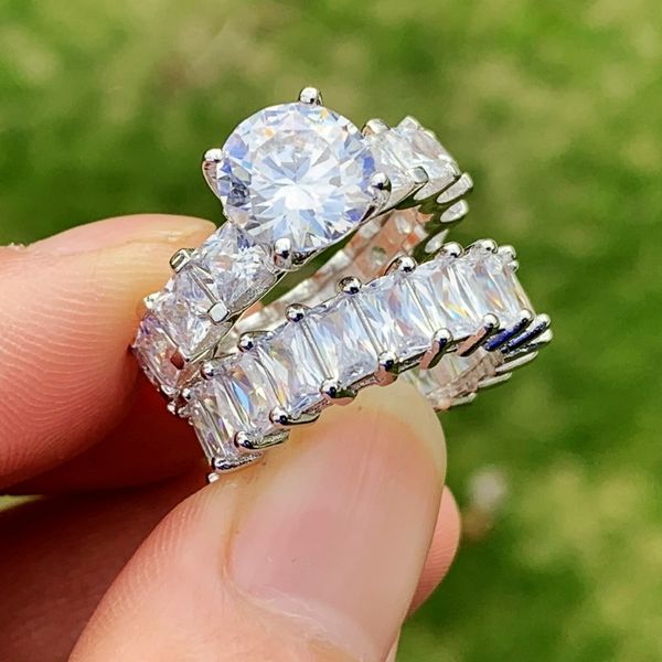 

2020 Couple Rings Luxury Jewelry 925 Sterling Silver Round Cut White Topaz CZ Diamond Gemstones Stack Women Wedding Bridal Ring Set Gift