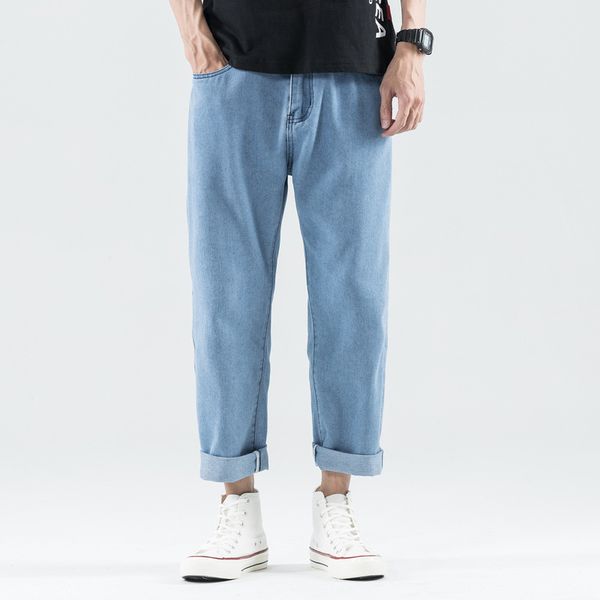 

men's jeans spring and summer korean straight loose wide leg solid color casual capris, Blue