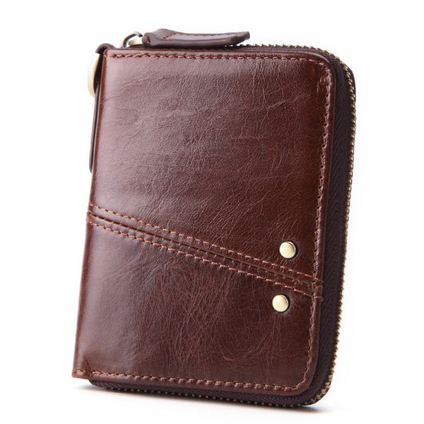 

new rfid men short wallet with coin pocket genuine leather casual small zipper purse brand rivet design male card holder, Red;black