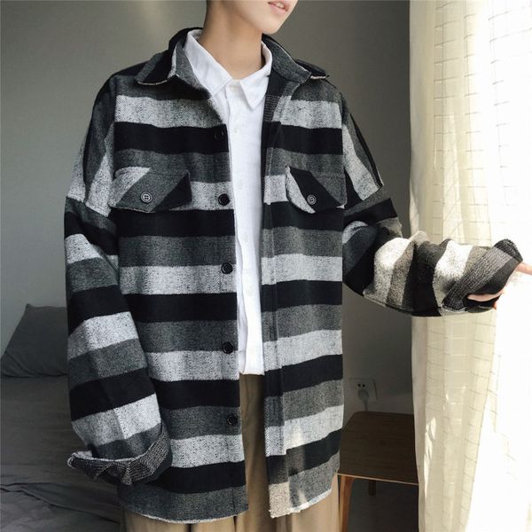

autumn striped jacket men's fashion contrast color casual retro jacket men streetwear wild loose long jackets coat mens m-2xl, Black;brown
