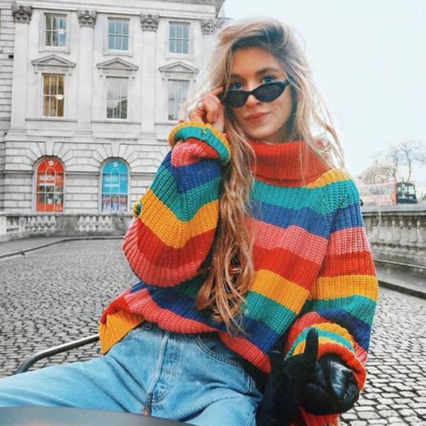 

turtleneck rainbow sweater winter for women long sleeve knitted christmas jumper oversized sweater pullover female, White;black