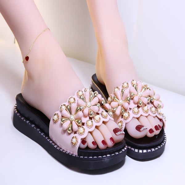

swonco winter slippers women summer shoes platform slides 2020 new female causal shoes rhinstone platform slippers beach, Black