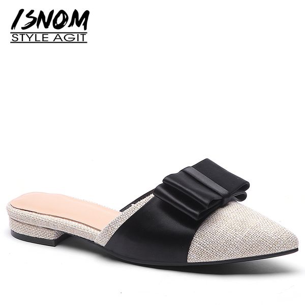 

isnom summer slippers woman 2020 new women slides shoes female pointed toe satin mules shoes low heels butterfly knot, Black