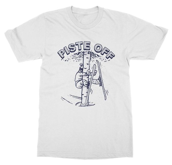 

male selling t shirt piste off t-shirt skier club powder alpine snow cross country slope lift white out summer tee shirt