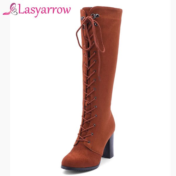 

lasyarrow 2020 new arrive knee high women boots black gray brown chunky high heel motorcycle boots autumn winter shoes woman