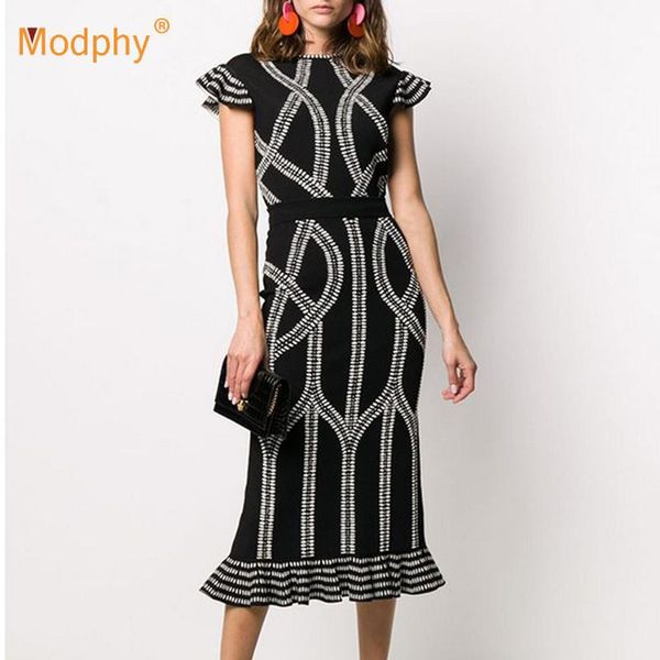 

casual dresses jacquard knitted midi long dress women ruffled celebrity evening party 2021 autumn fashion female sweater, Black;gray