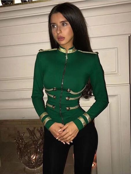 

women's jackets green red long sleeve gold line front zipper rayon bandage coat celebrity party jacket, Black;brown