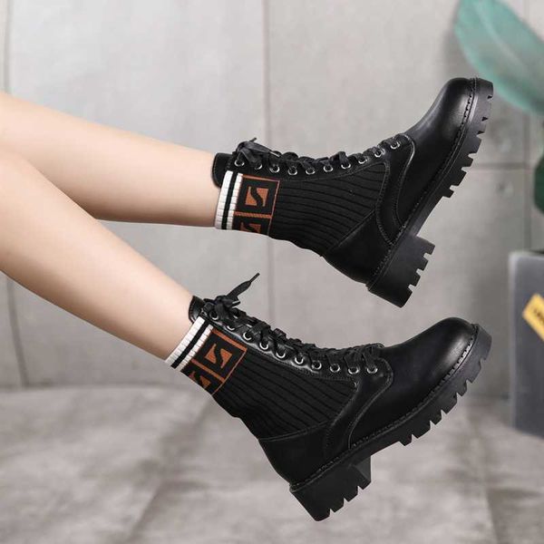 

black boots female 2020 new leather british wind elastic stockings trend letters luxury wild popular net red short boots