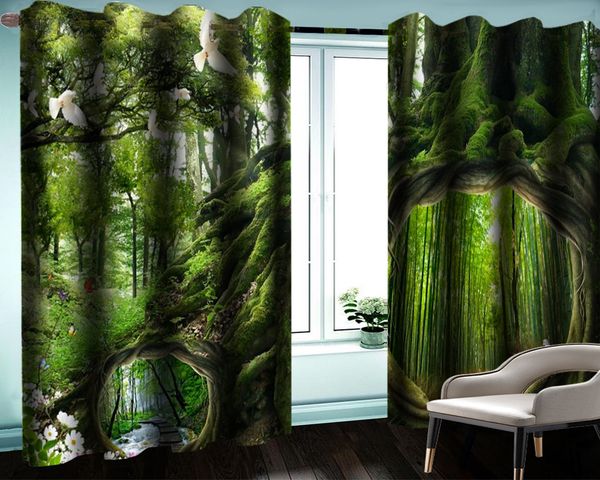 

3d modern curtain beautiful bamboo forest outside fantasy moss tree hole decorates the romantic scenery curtains of the indoor windows
