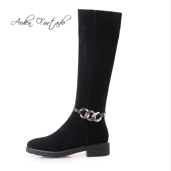 

arden furtado fashion women's shoes winter elegant ladies boots round toe women's boots chains knee high black suede