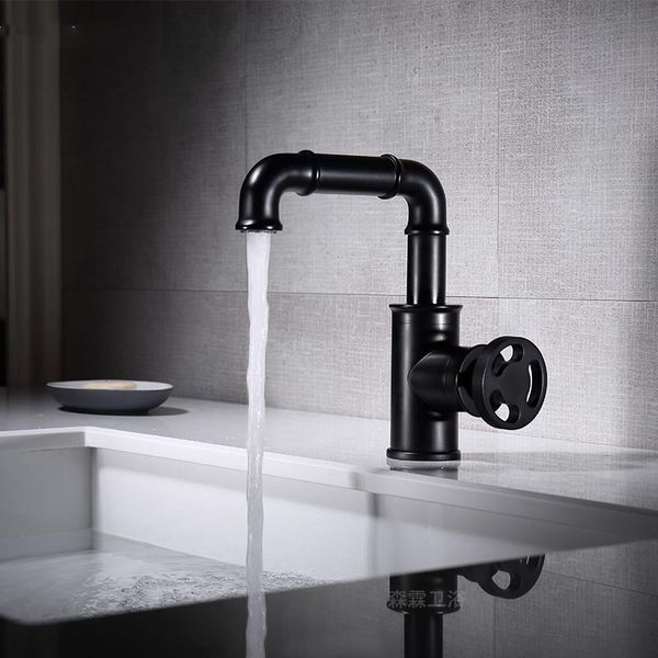 

industrial style 100% brass black bathroom sink faucet cold basin mixer tap round handle single hole faucet