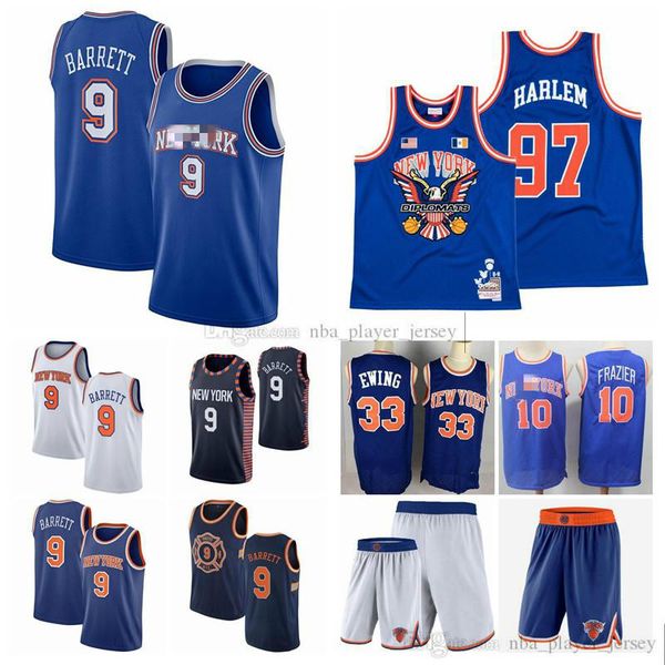 

men youth new york knicks 9 rj barrett 97 harlem 33 ewing 10 frazier 2019/20 city player jersey, Black;red