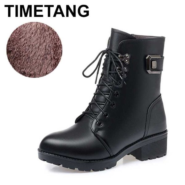 

timetang2020 new arrival wool snow boots women winter shoes genuine leather round toe zip square heel platform ankle boots women, Black
