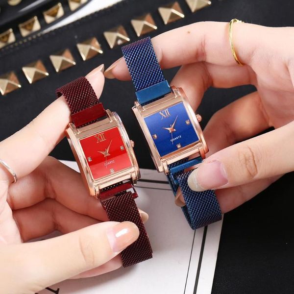 

fashion women watch rhinestone square dial magnetic buckle alloy watchband analog quartz ladies wrist watches female gifts, Slivery;brown