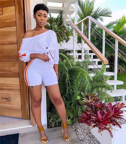 

узел костюмы casual одежда женская 2pcs радуга полосатый костюмы лето дизайнер женщина high street с длинным рукавом женщины мода, Gray